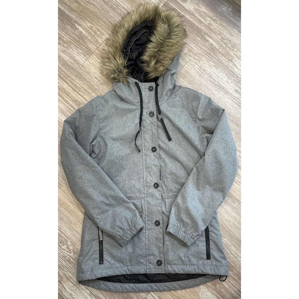 HI-TEC Women's Med Jacket Gray, Fur Hood, Full Zip Faux Buttons,